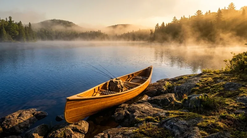 Wooden canoe on a rocky shore of a misty lake at sunrise, How to Start an Outfitter or Guide Business in Idaho