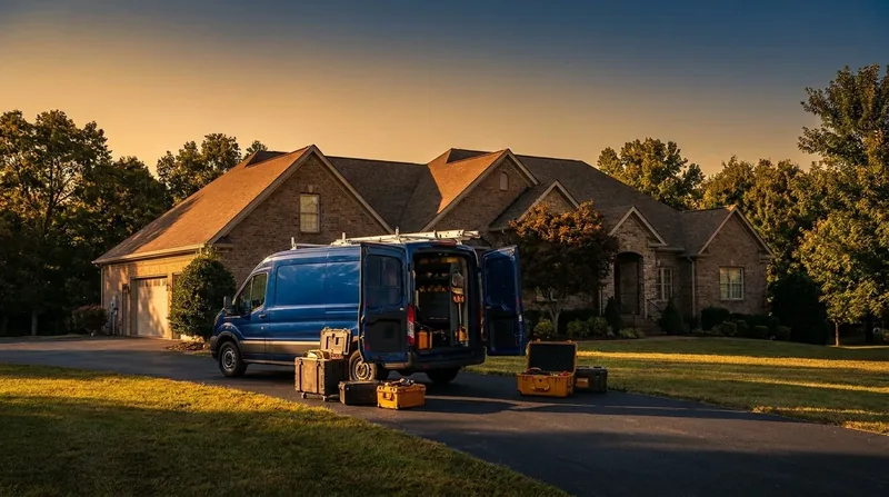 Service van and equipment outside a suburban home, How to Start a Cleaning Business in Idaho